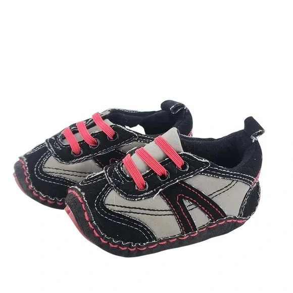 ABG Baby Infant Sneakers Black Gray Red Soft Sole Crib Shoes 6-9 Months - Picture 1 of 6